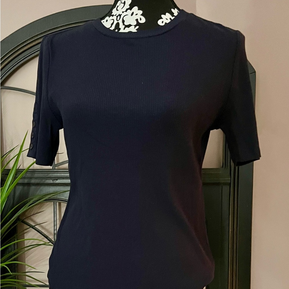 DEREK LAM 10 CROSBY Dark Navy Ribbed Tee with Button Detail